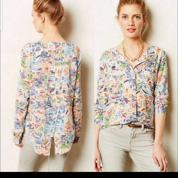 Anthropologie Maeve Cartography Button Down Top with Split Back Hem Size… - Picture 2 of 8